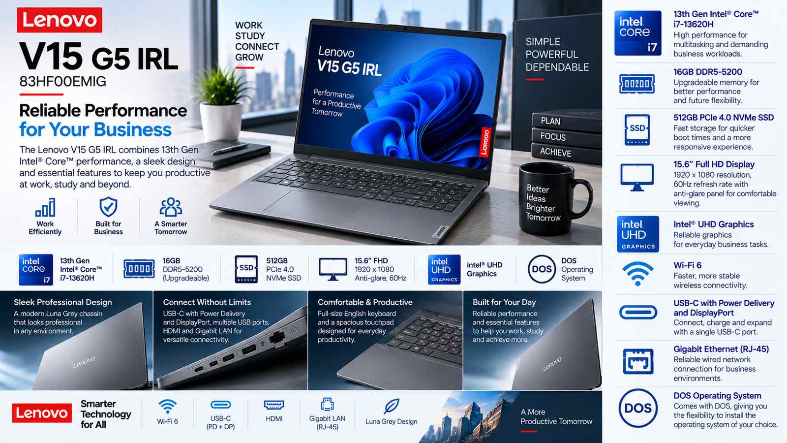 Lenovo V15 G5 IRL 83HF00EMIG Business Laptop, Intel Core i7-13620H, 16GB DDR5-5200, 512GB PCIe 4.0 SSD, 15.6-inch FHD TN 60Hz, Intel UHD Graphics, Wi-Fi 6, DOS, English Keyboard, Luna Grey | 83HF00EMIG